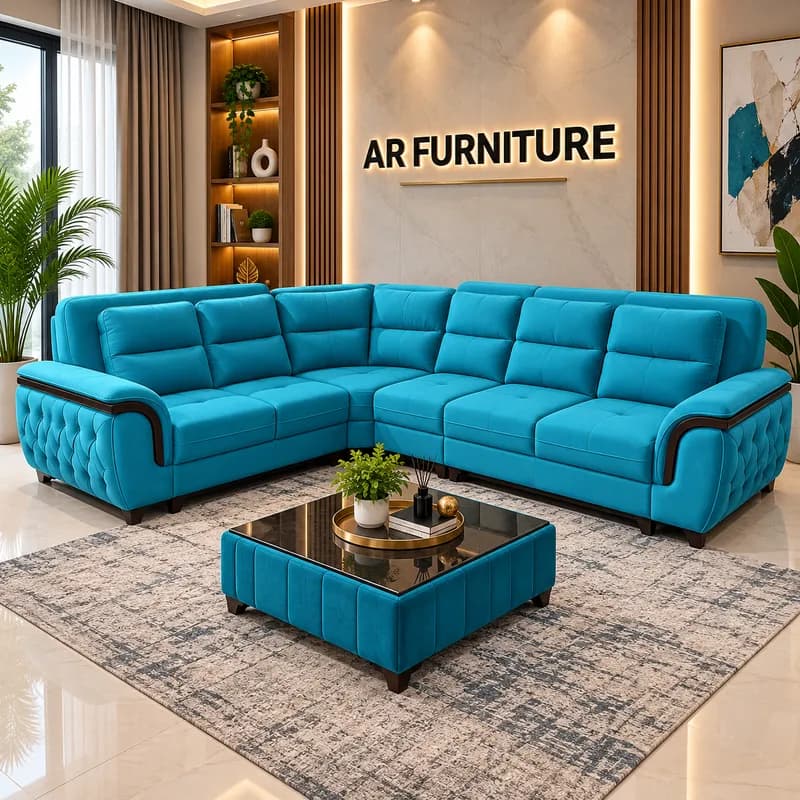 Premium Turquoise Blue 5 Seater L-Shape Sofa with Ottoman | Luxury Designer Sofa
