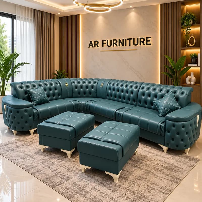 Elegant Beige Tufted L-Shape Sofa with Ottoman