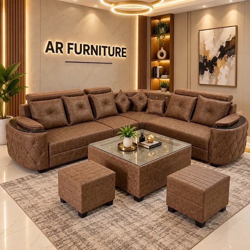 Premium Brown 5 Seater L-Shape Sofa | Luxury Button-Tufted Designer Sofa
