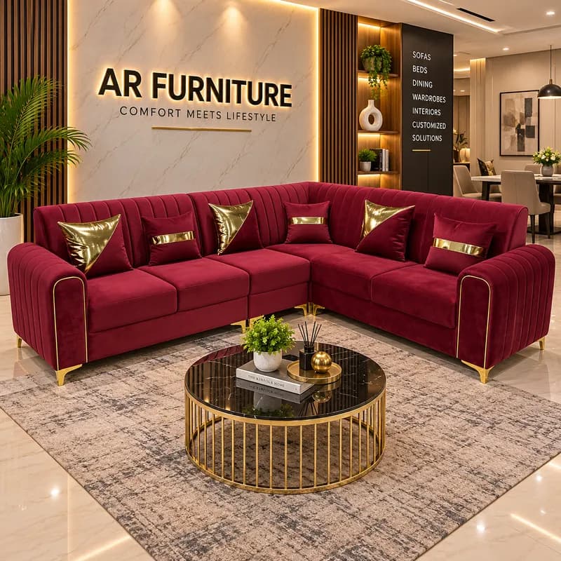 Premium Burgundy Velvet 5 Seater L-Shape Sofa | Gold Accent Designer Sofa