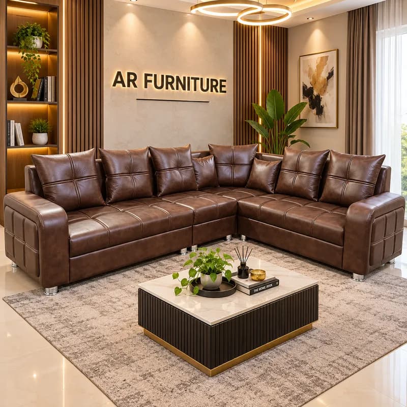 Premium Dark Brown Leather 5 Seater L-Shape Sofa | Modern Designer Sofa
