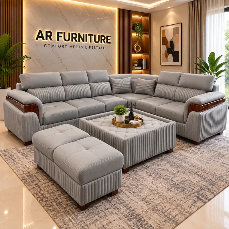 Premium Light Grey Ribbed 5 Seater L-Shape Sofa Set with Ottoman