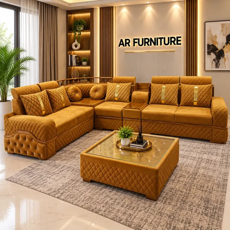 Luxury Mustard Brown 5 Seater L-Shape Sofa | Diamond Stitch Designer Sofa
