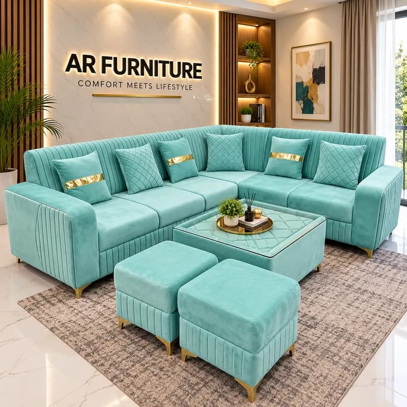 Modern Mint Green L-Shape Sofa Set with Ottoman