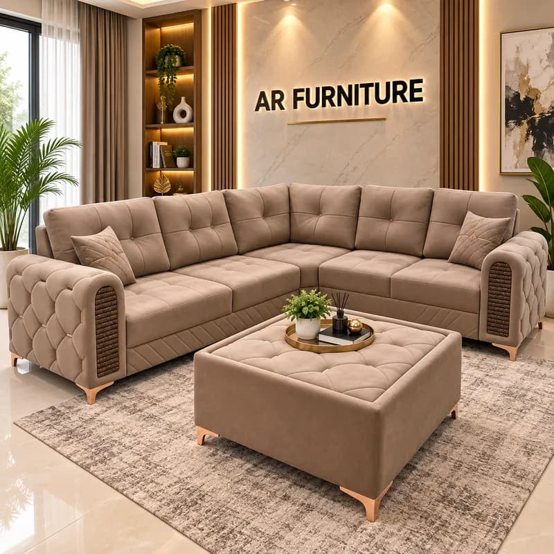 Luxury Mustard Brown 5 Seater L-Shape Sofa | Diamond Quilted Designer Sofa