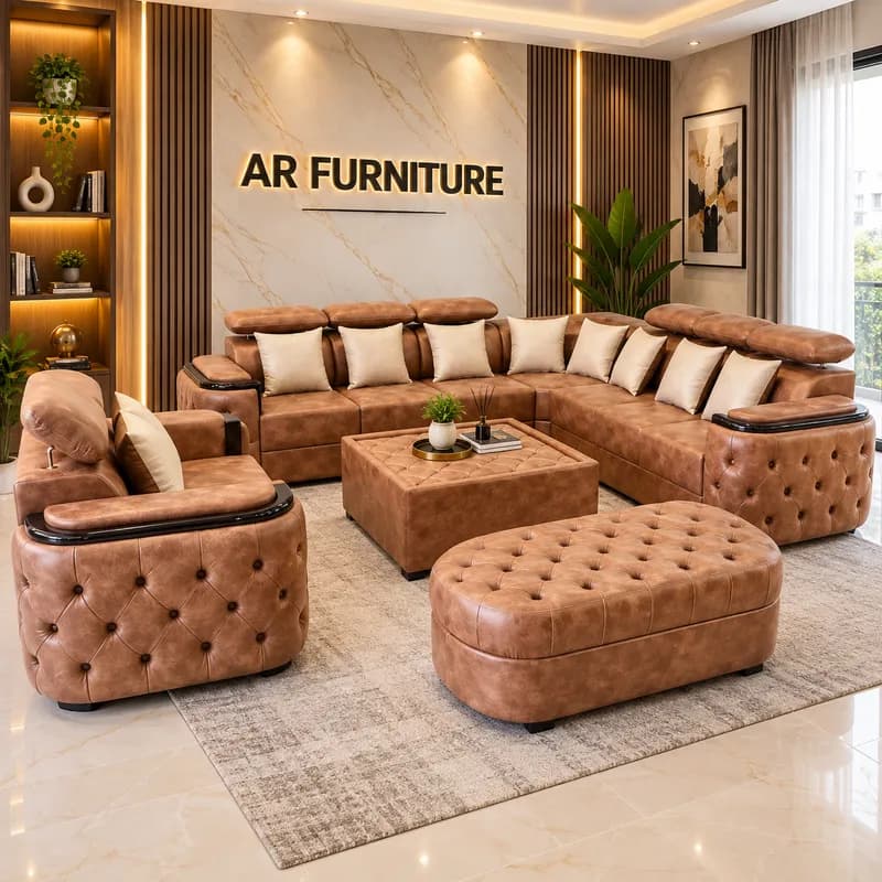 Brown Leather Luxury Sofa Set
