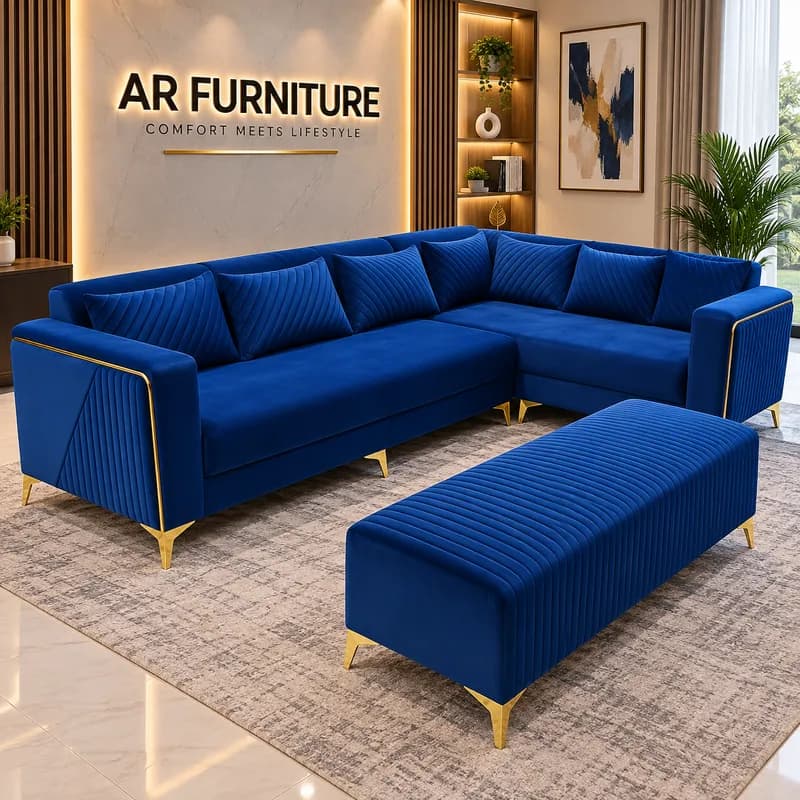 Premium Royal Blue 5 Seater L-Shape Sofa with Ottoman | Gold Accent Designer Sofa
