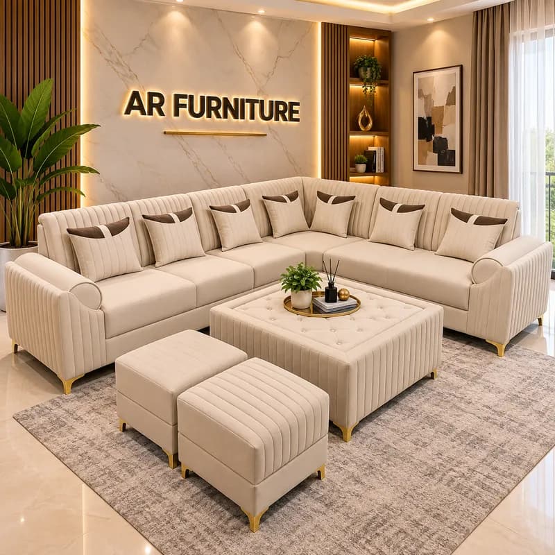 Premium Beige 5 Seater L-Shape Sofa | Luxury Ribbed Designer Sofa