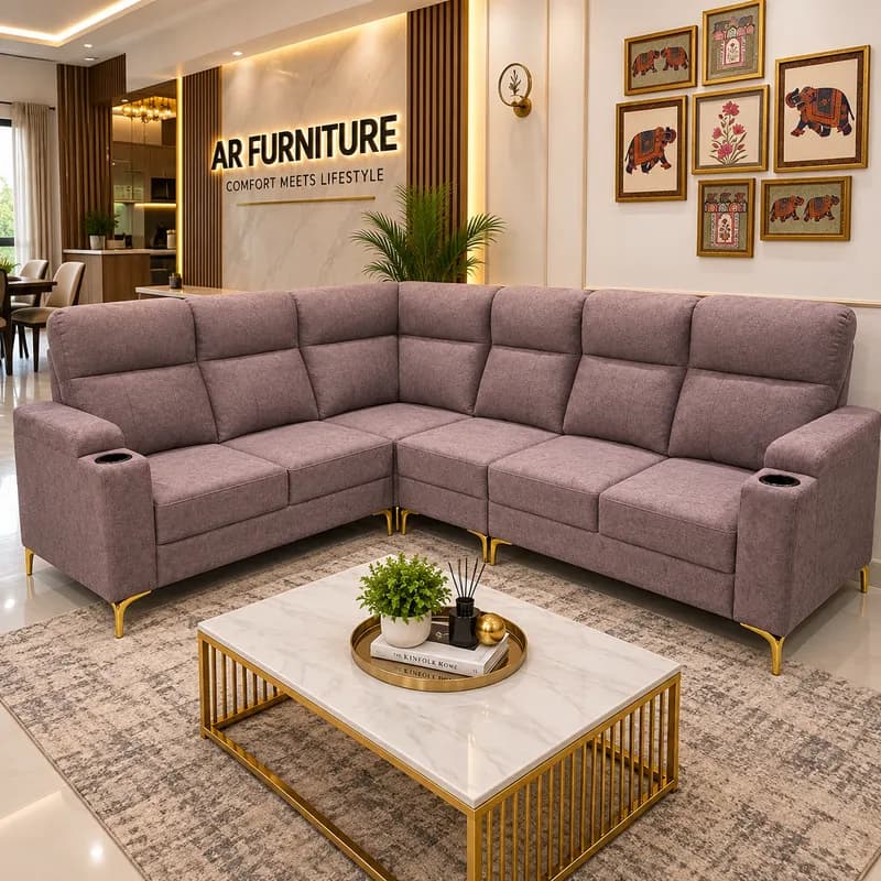 Modern Mauve Grey L-Shape Sofa with Cup Holders