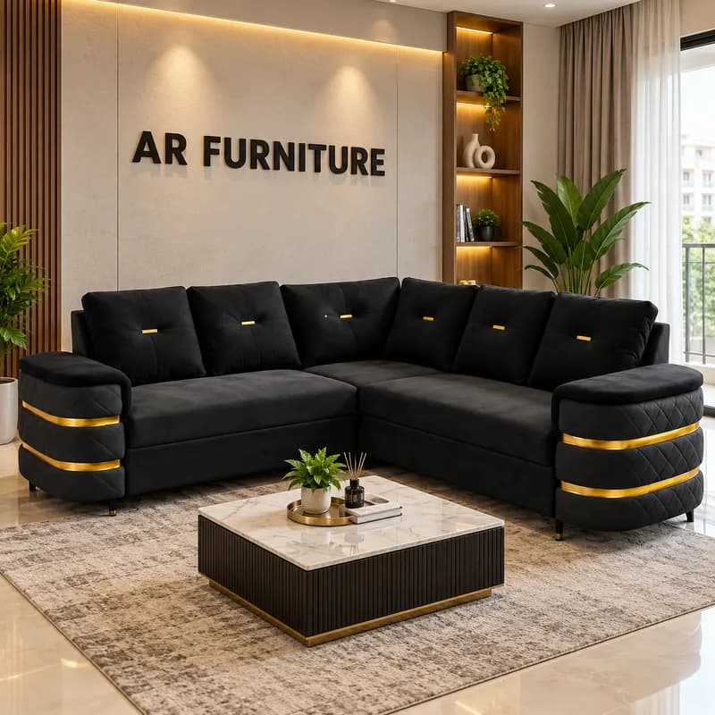 Premium Black & Gold Luxury L-Shape Sofa Set
