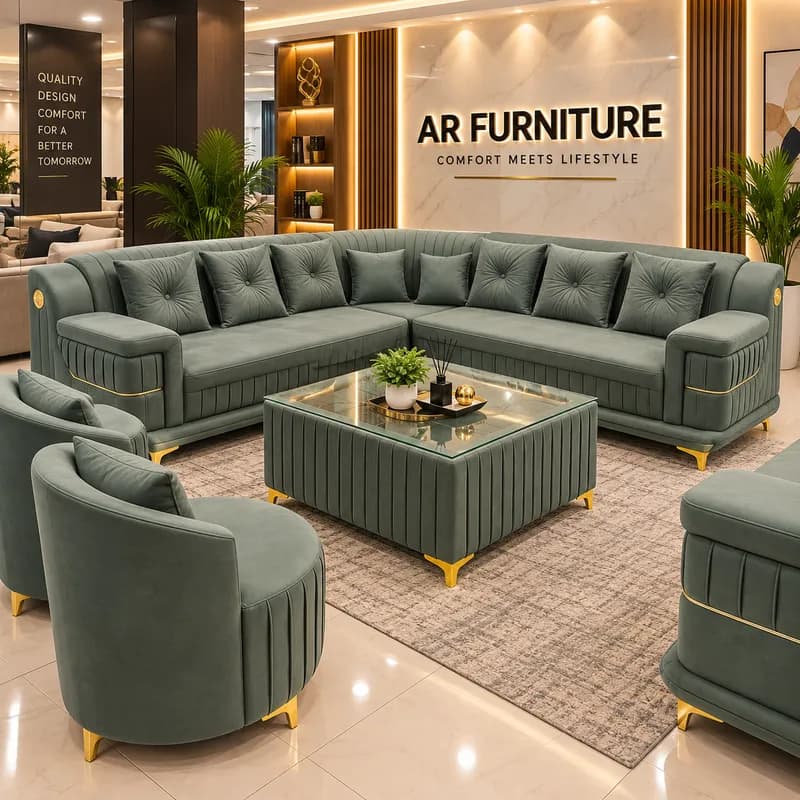 Luxury Sage Green L-Shape Sofa with Matching Chairs