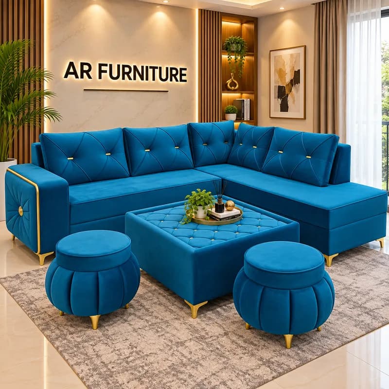 Premium Light Blue & Gold L-Shape Sofa Set