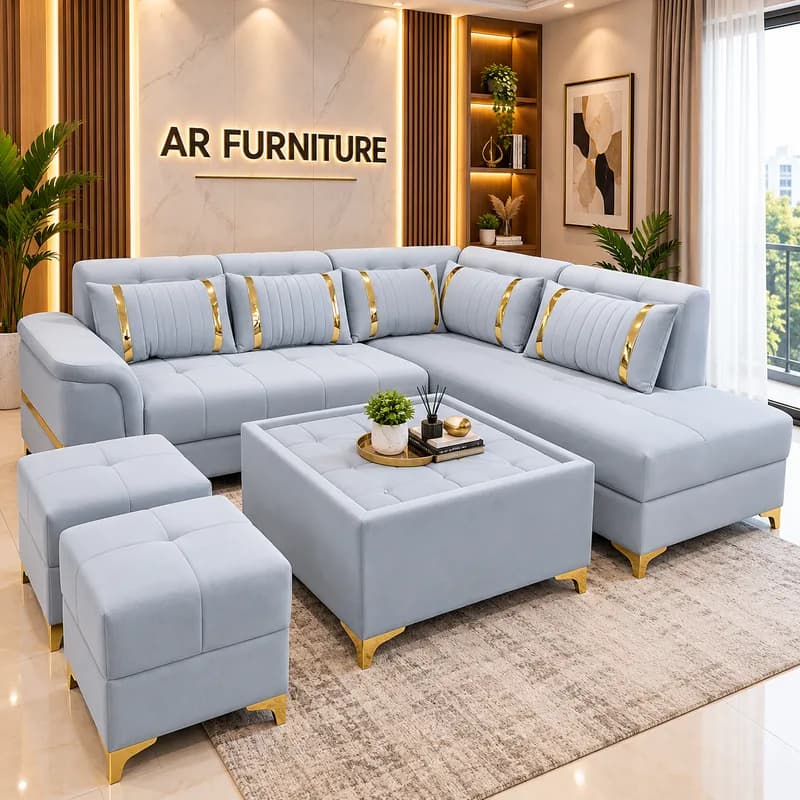 Premium Light Grey Ribbed L-Shape Sofa Set